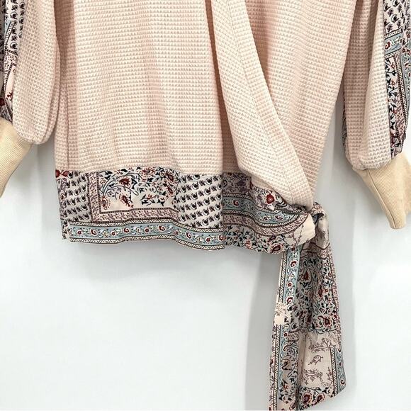 Faux wrap blouse M waffle knit patchwork side tie boho long sleeve cottage NEW - Picture 3 of 9